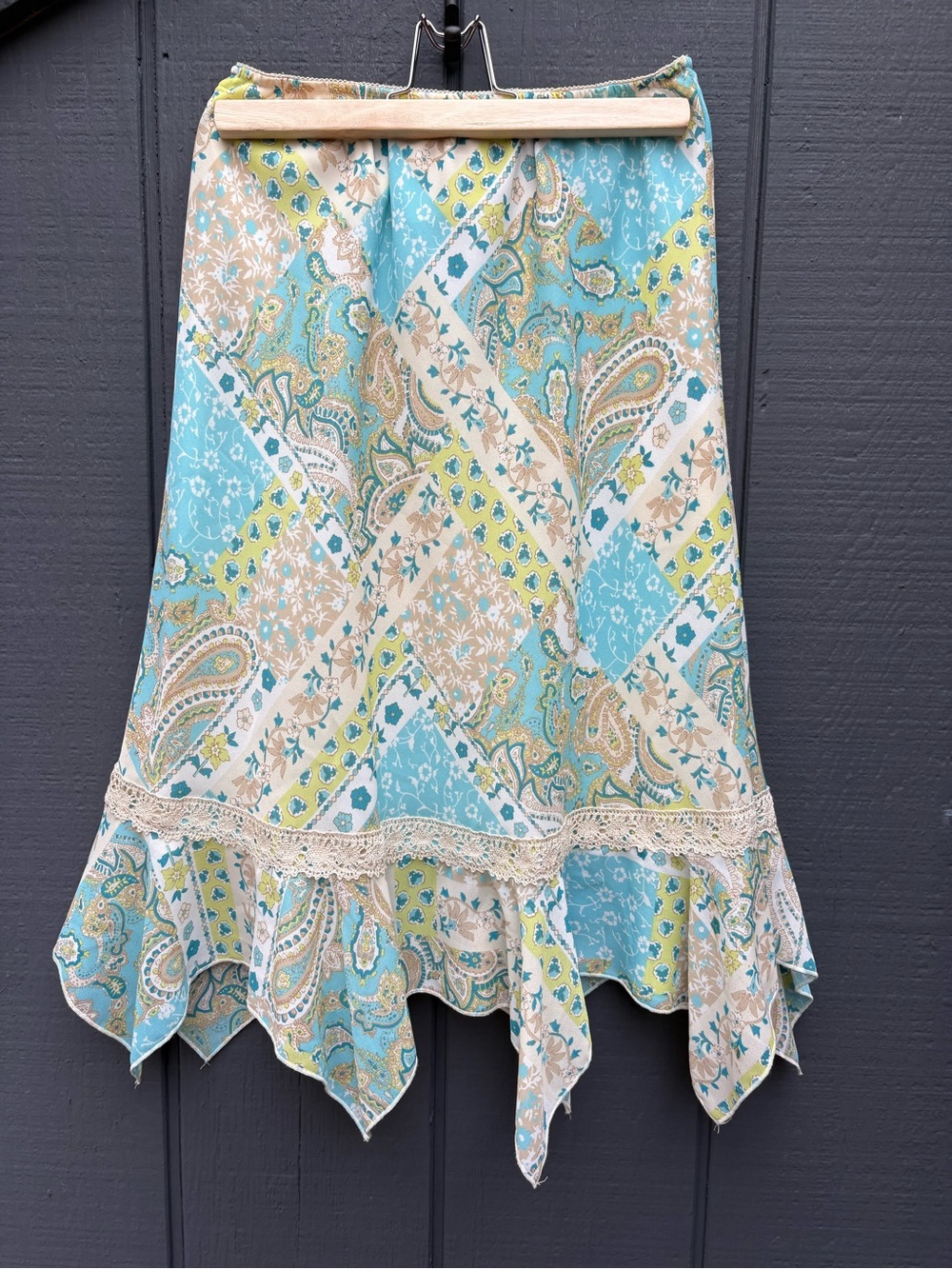 Worthington Petite Boho Patchwork Paisley Midi Skirt in Aqua and Cream Sz 4P